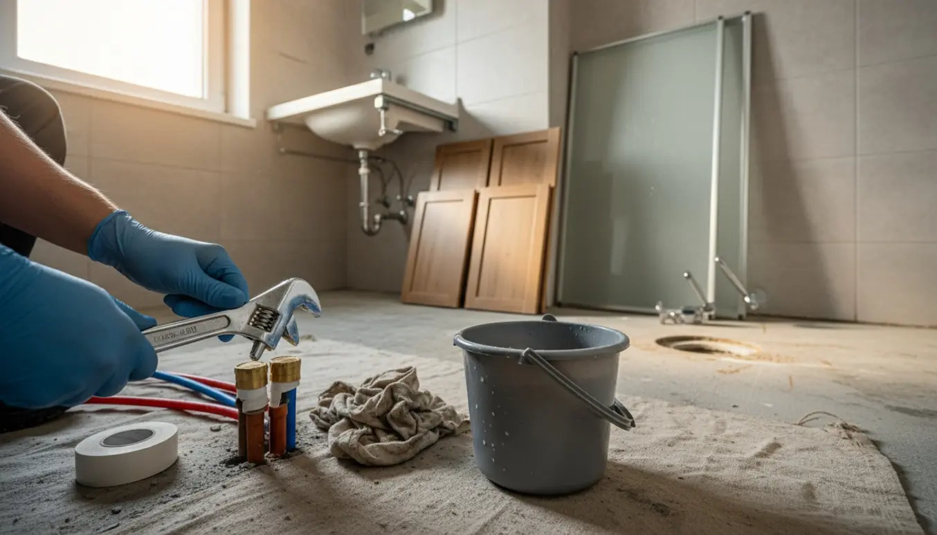 Badeværelse under renovering med fjernet toilet og brusekabine, synlige lukkede rør og værktøj.