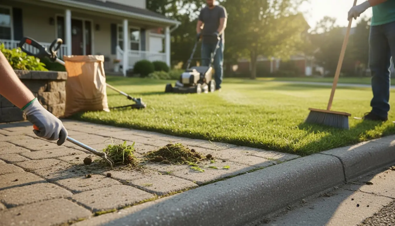 Nærbillede af græsslåning, fjernelse af ukrudt mellem fliser og fejning af kantsten.