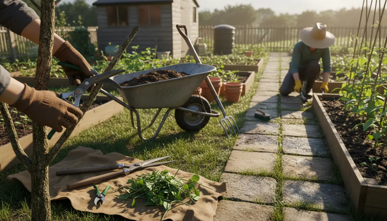 Hænder beskærer en lille busk i en kolonihave, omgivet af haveredskaber og en nyrenset flisegang.