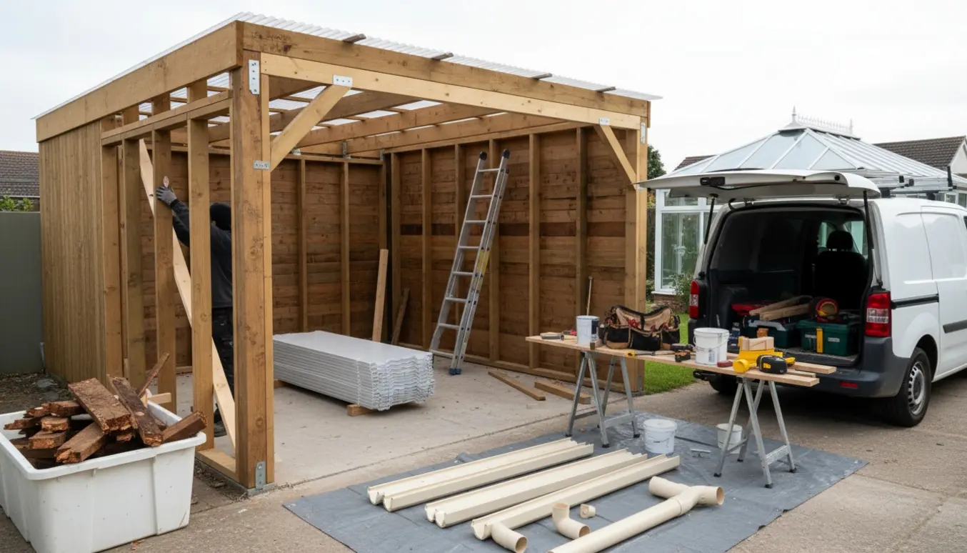 Renovering af en carport ved udestue med nyt træ, tagmaterialer og affaldssæk, håndværkerens handsker arbejder uden synlige ansigter.