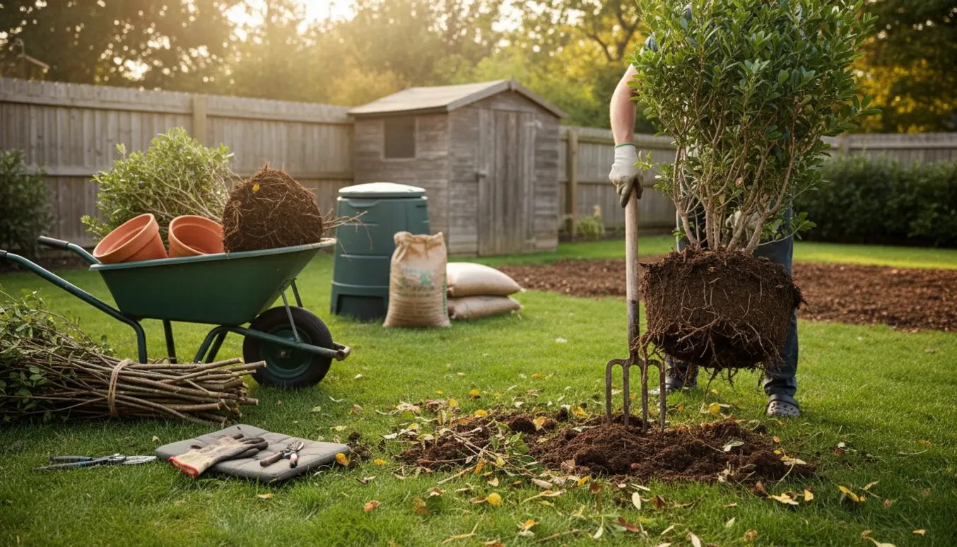 Nærbillede af gravede buske med eksponerede rødder og haveredskaber i en baghave.