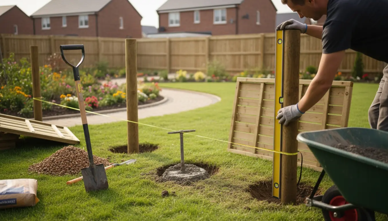 To træstolper sættes i jorden til et lille havehegn med værktøj og våd beton i baggrunden.