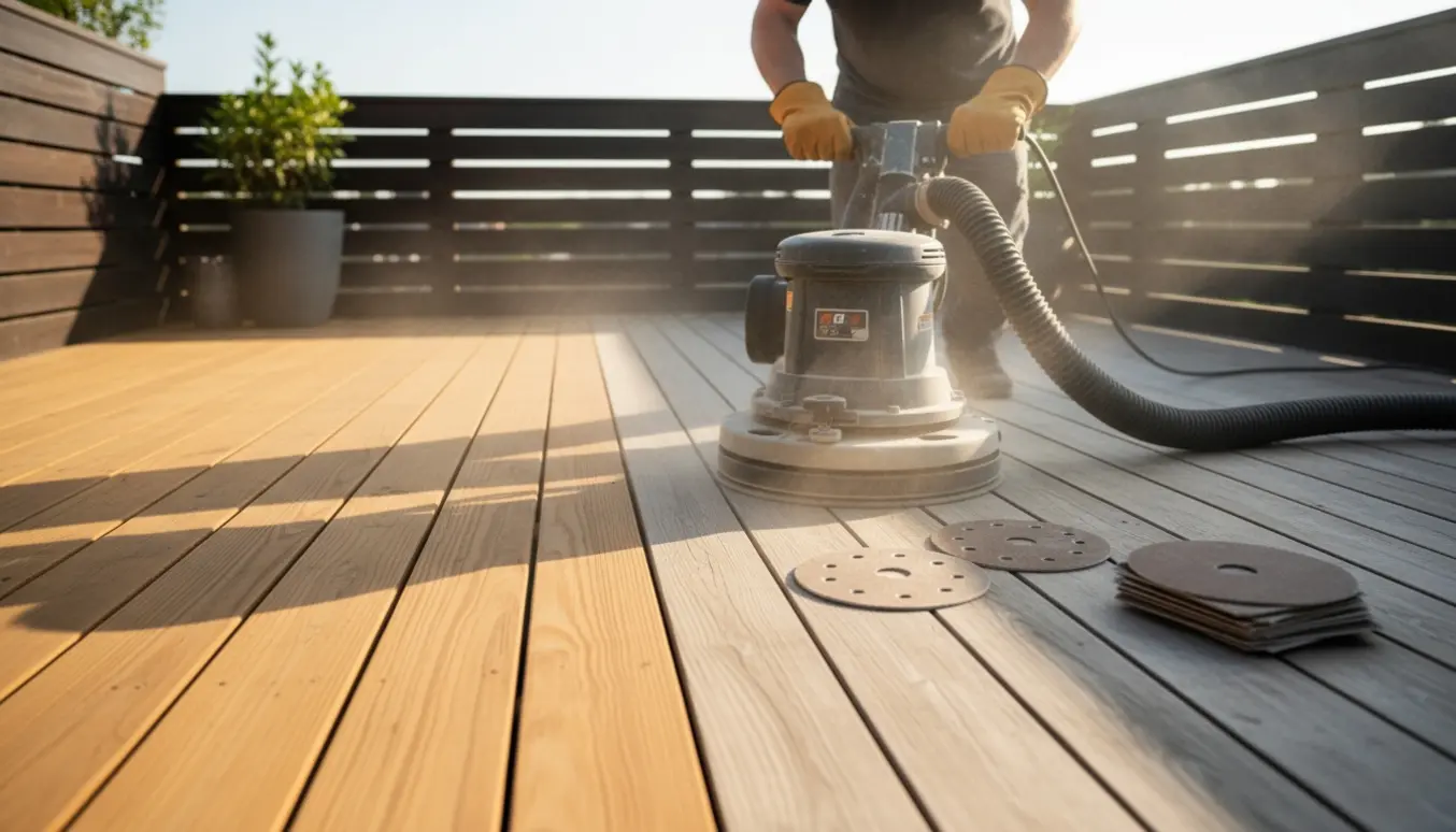 Elektrisk slibemaskine glider over træterræet med tydelig forskel mellem slebet og uslebet område.