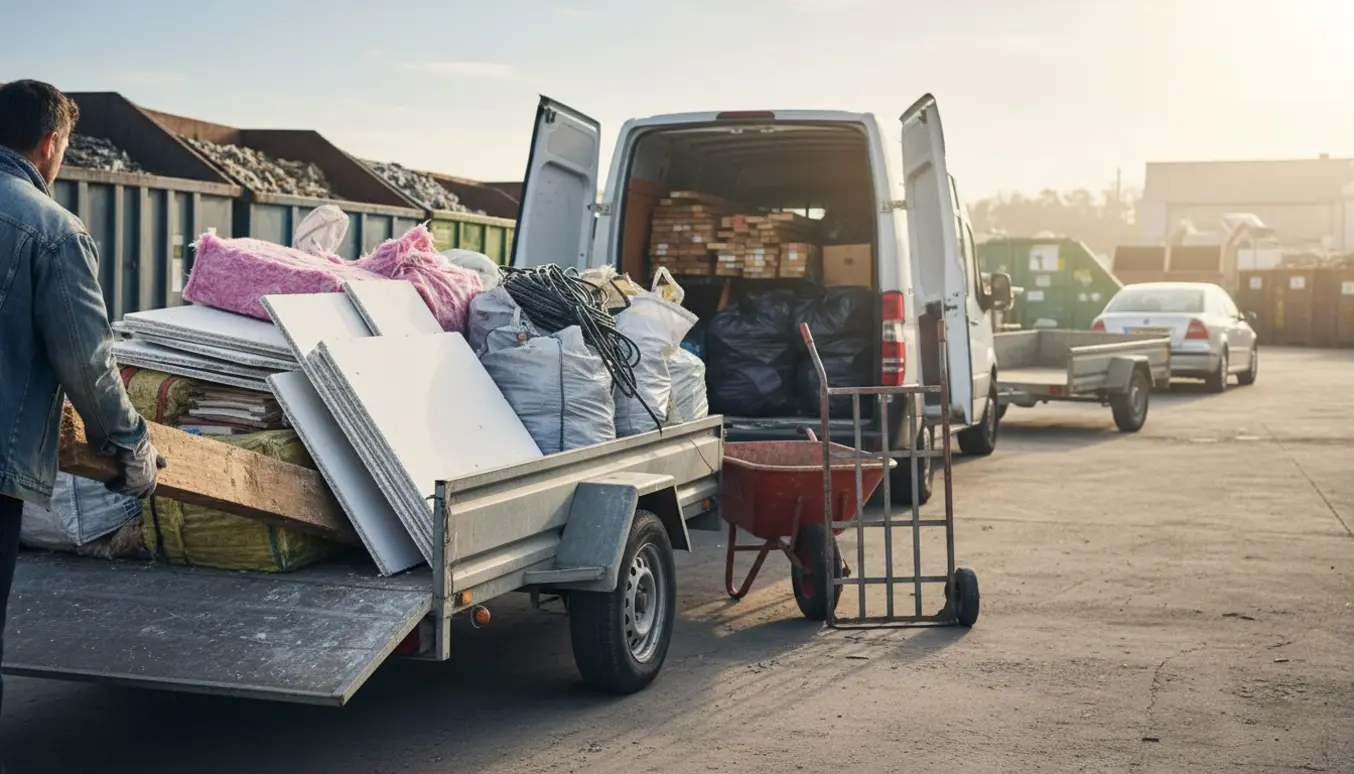 Varevogn og trailer læsses med byggeskrald foran en genbrugsplads tidlig morgen, uden klare ansigter.