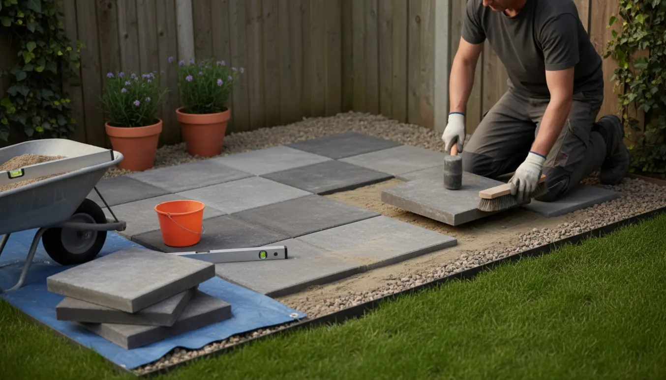 Delvis færdig fliseterrasse i et lille havelhjørne med værktøj og hænder, ansigt uden for billedet.