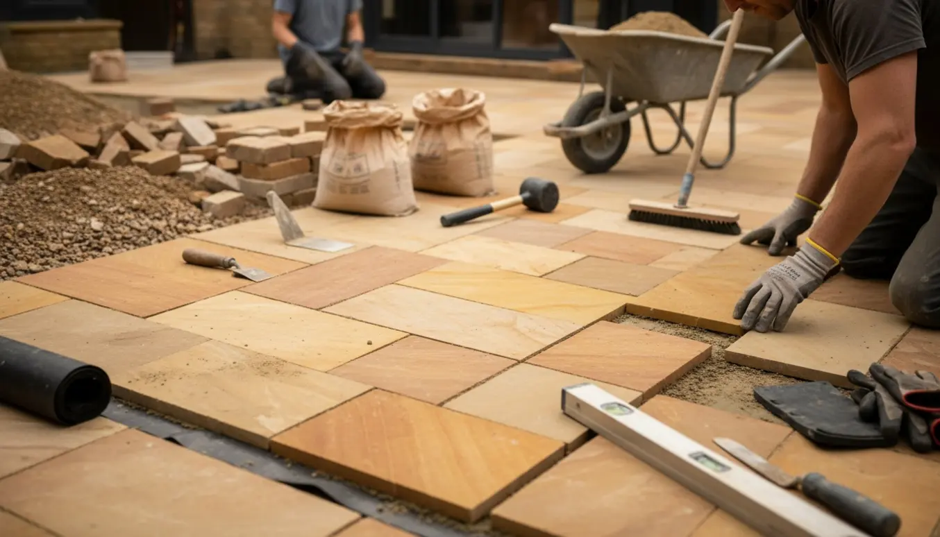 Hænder lægger sandstensfliser i Chelsea-mønster på terrasse med dug og stenmel klar.