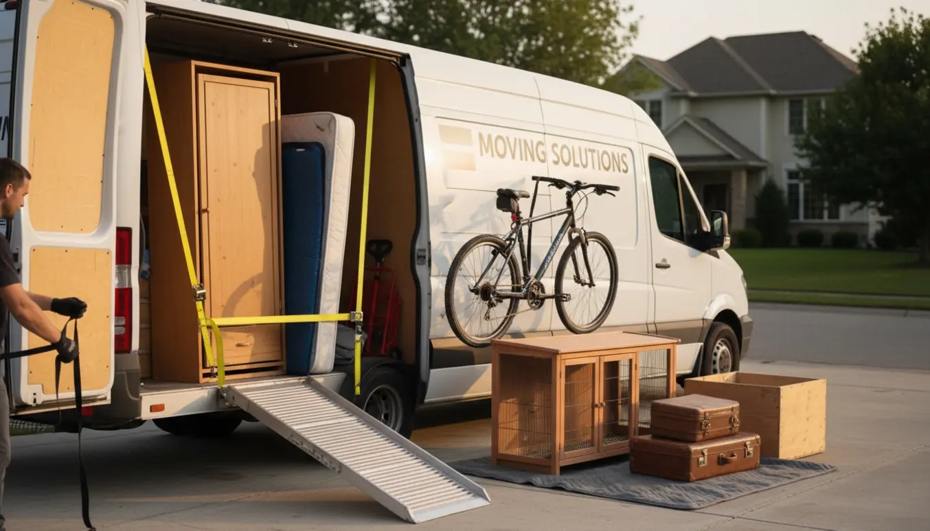 Varebil læsses med seng, skab, tre cykler, kaninbur og kufferter på en indkørsel i varmt morgenlys.