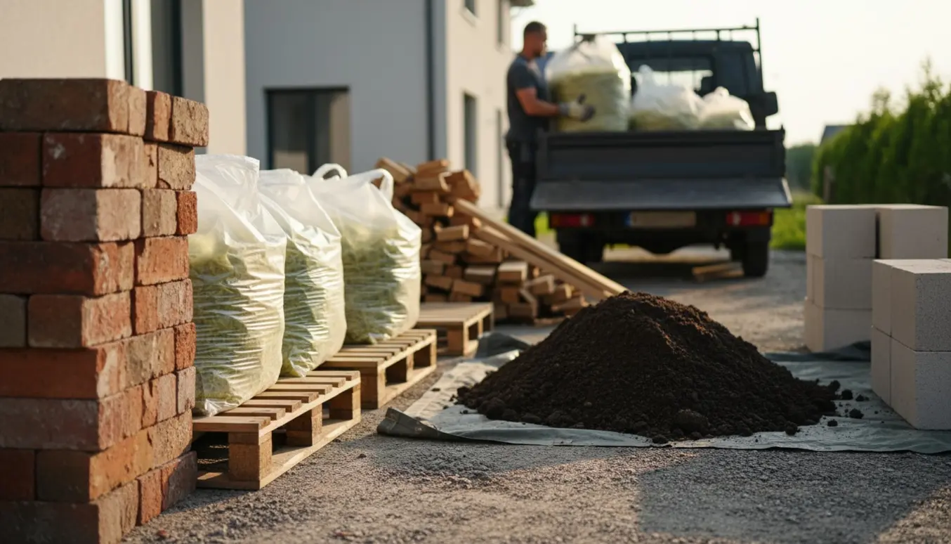 Stablede bunker med mursten, paller, isoleringsposer, ubehandlet træ og jord klar til fjernelse, mens gasbetonblokke ligger adskilt.