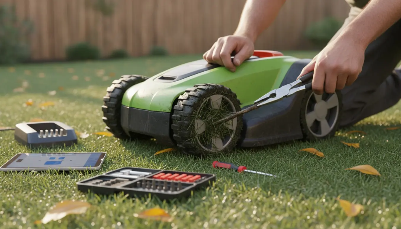 Nogen fjerner en gren fra undersiden af en robotplæneklipper med tang i en have.