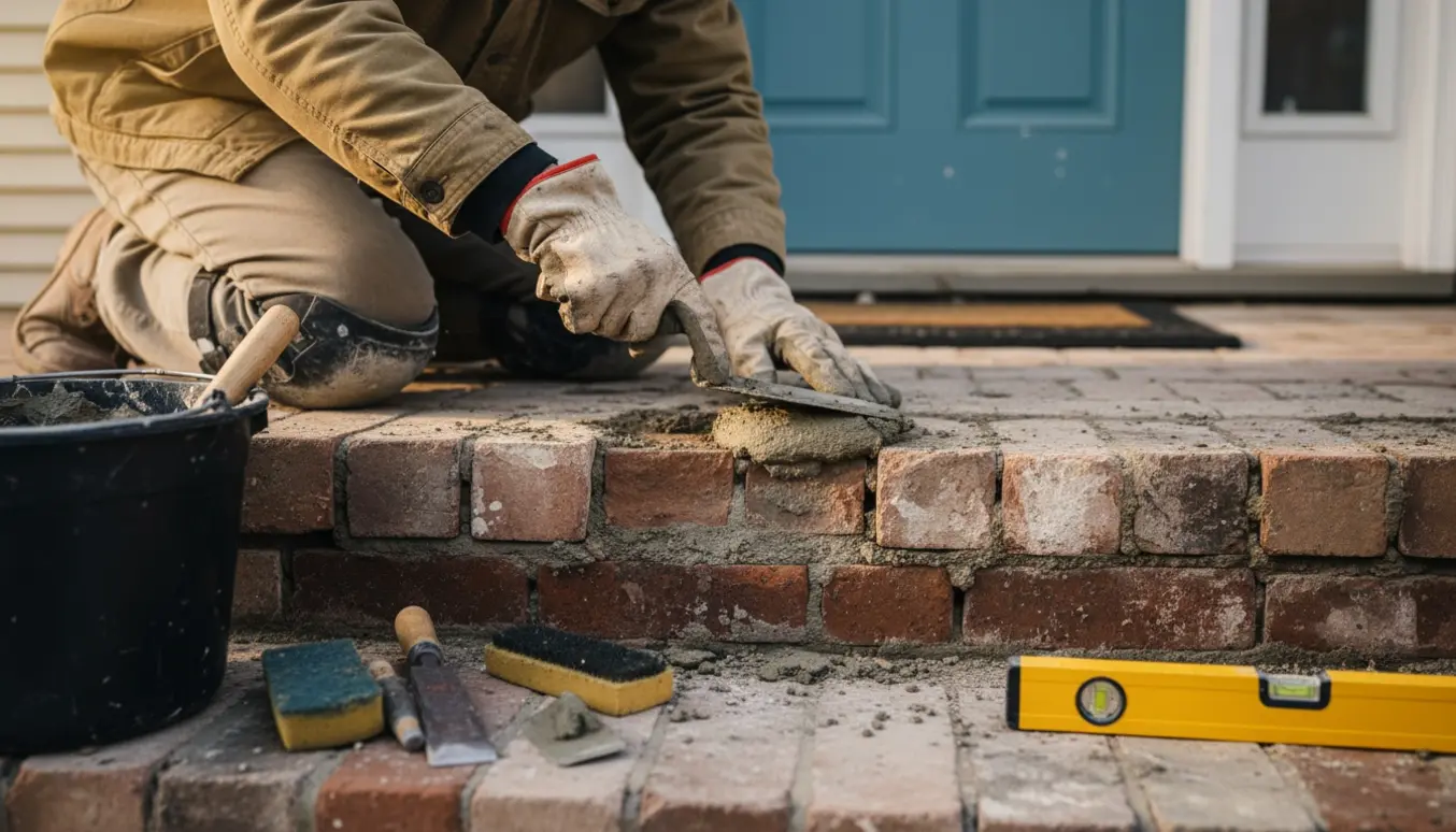 Hænder reparerer en trappe ved hoveddøren med mørtel og murske, omgivet af værktøj.
