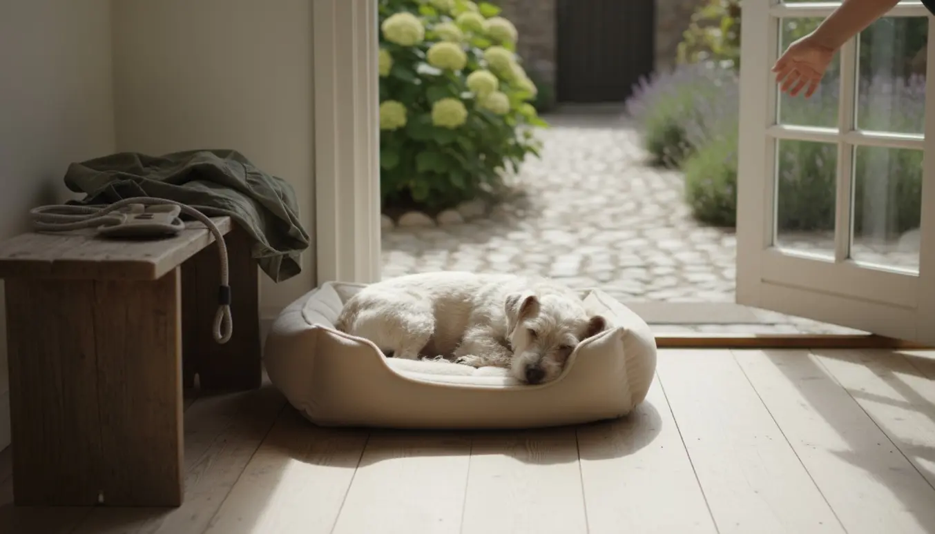 Ældre lille hund hviler i sin bløde kurv ved en åben dør med snor og sele klar til en kort gåtur.