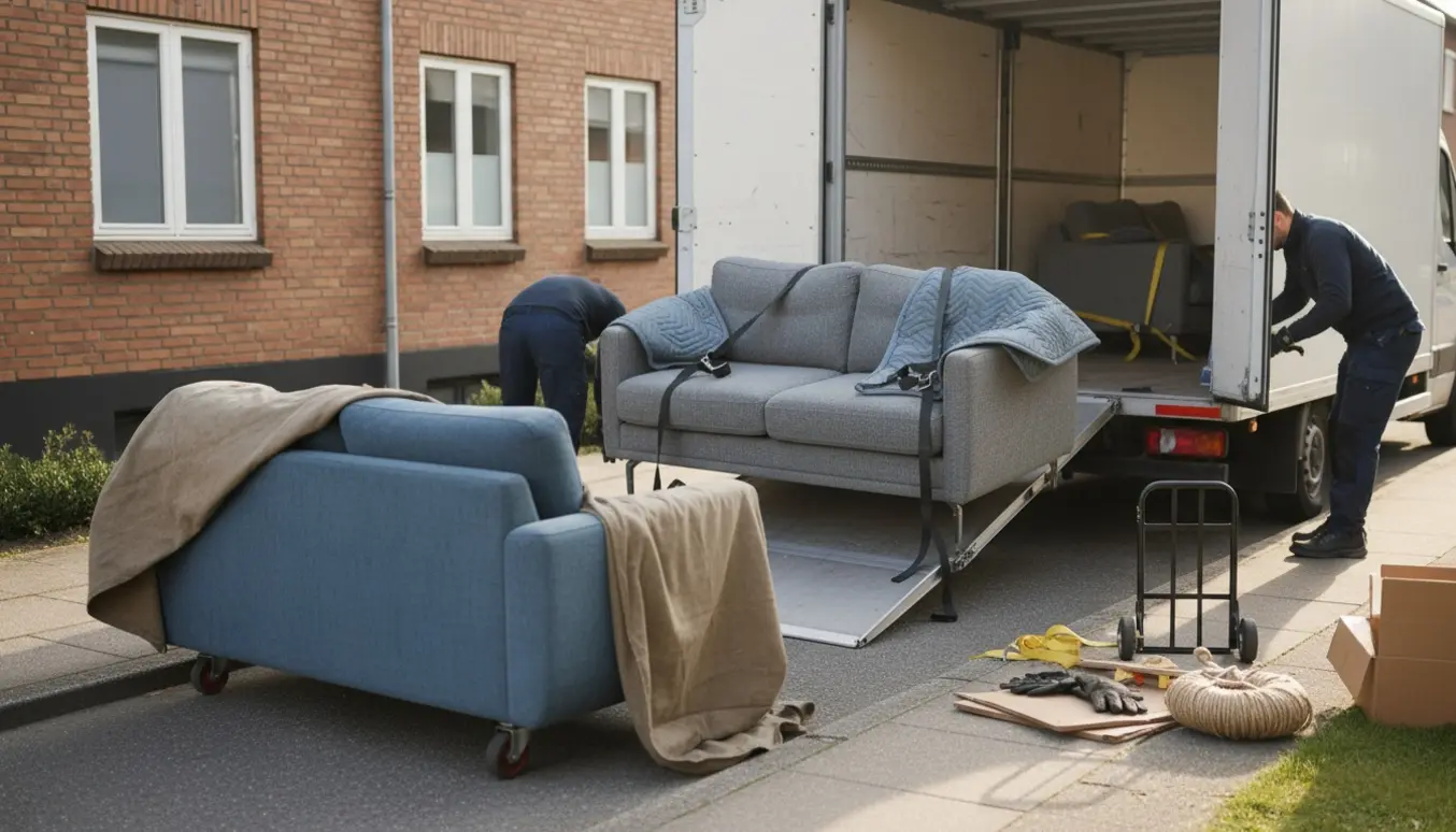 Flyttemænd læsser en sofa ind i en hvid varevogn på en stille Haderslev-gade, mens den gamle sofa står klar til bortskaffelse.