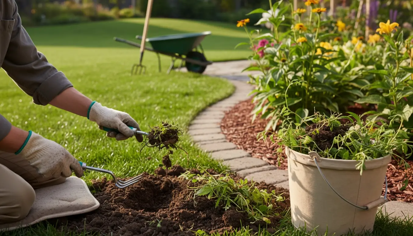 Nærbillede af hænder i havehandsker, der fjerner ukrudt fra et bed langs en grøn græsplæne.