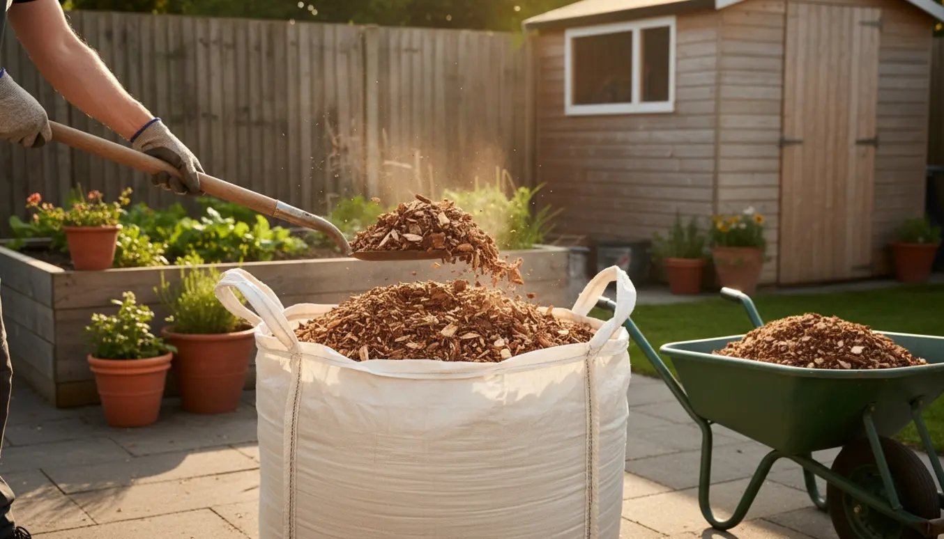 Stor Bigbag med flis fyldes i en trillebør i en solvarm baghave.