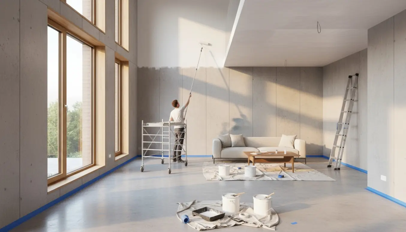Maler maler vægge og loft i et lyst betonhus med højloft og afdækket gulv.
