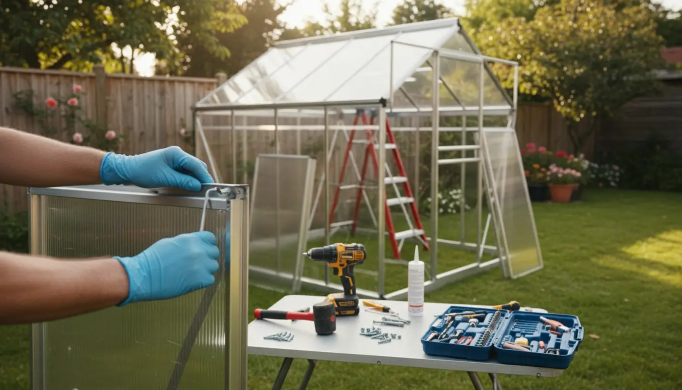 Hænder spænder bolt på en drivhusramme i haven med værktøj og paneler omkring.