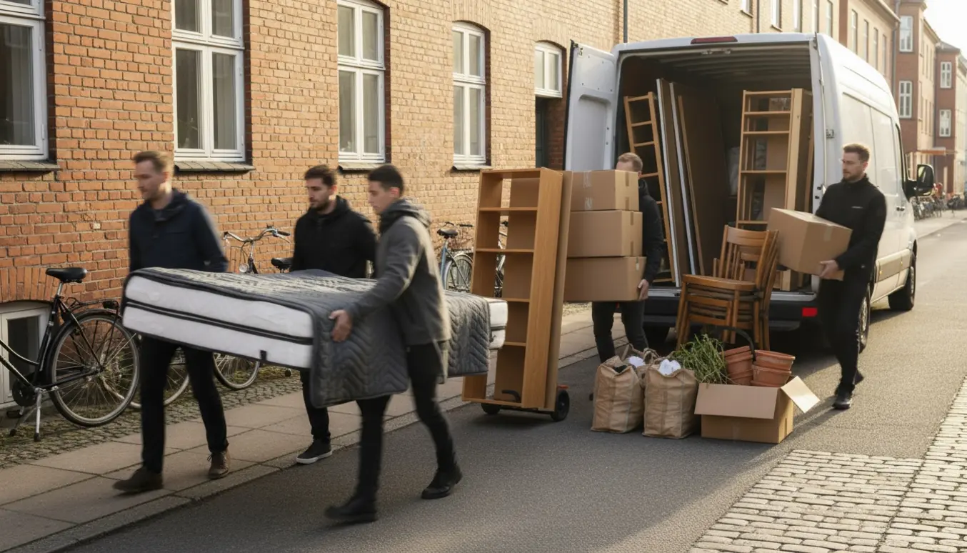 Flyttefolk bærer seng, skabe, kasser og havemøbler fra en opgang til en varevogn på en Nørrebro-gade.