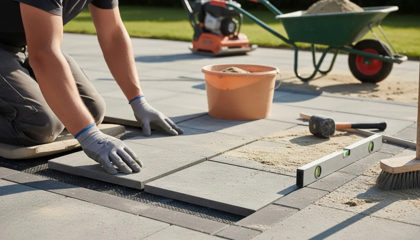 Nærbillede af fliselægning på en 5x7 m terrasse med håndværker, underlagsdug og fejet fugesand.