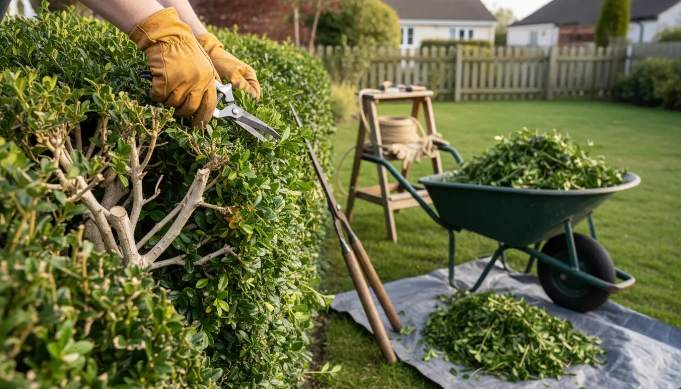 Nærbillede af hækkeklipning af liguster med håndsakse og en bunke klippede grene ved siden af.