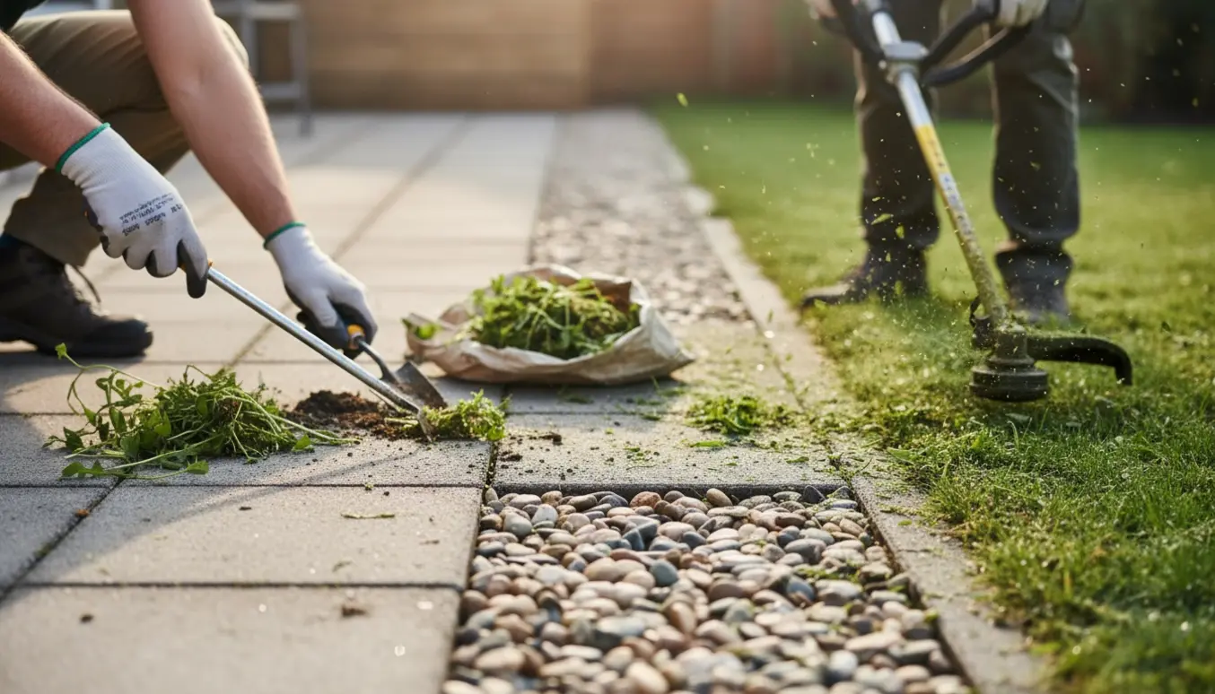 Hænder fjerner ukrudt mellem fliser, mens en trimmer slår græs langs kanten.
