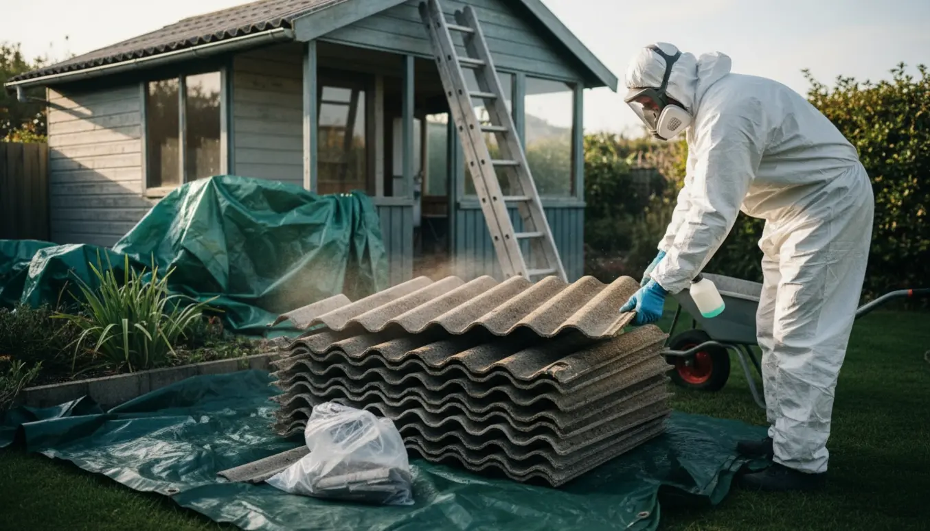 Arbejder i beskyttelsesdragt stabler fjernede eternitplader ved et lavt sommerhustag, med beskadigede stykker i en klar plastikpose.