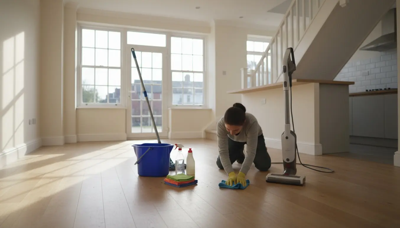 Udflytningsrengøring i et tomt rækkehus set bagfra med moppe, støvsuger og sollys gennem vinduerne.