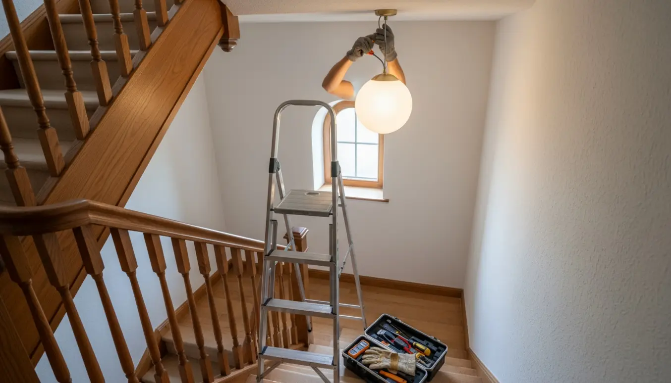 En person på stige monterer en loftlampe i en lys trappeopgang.