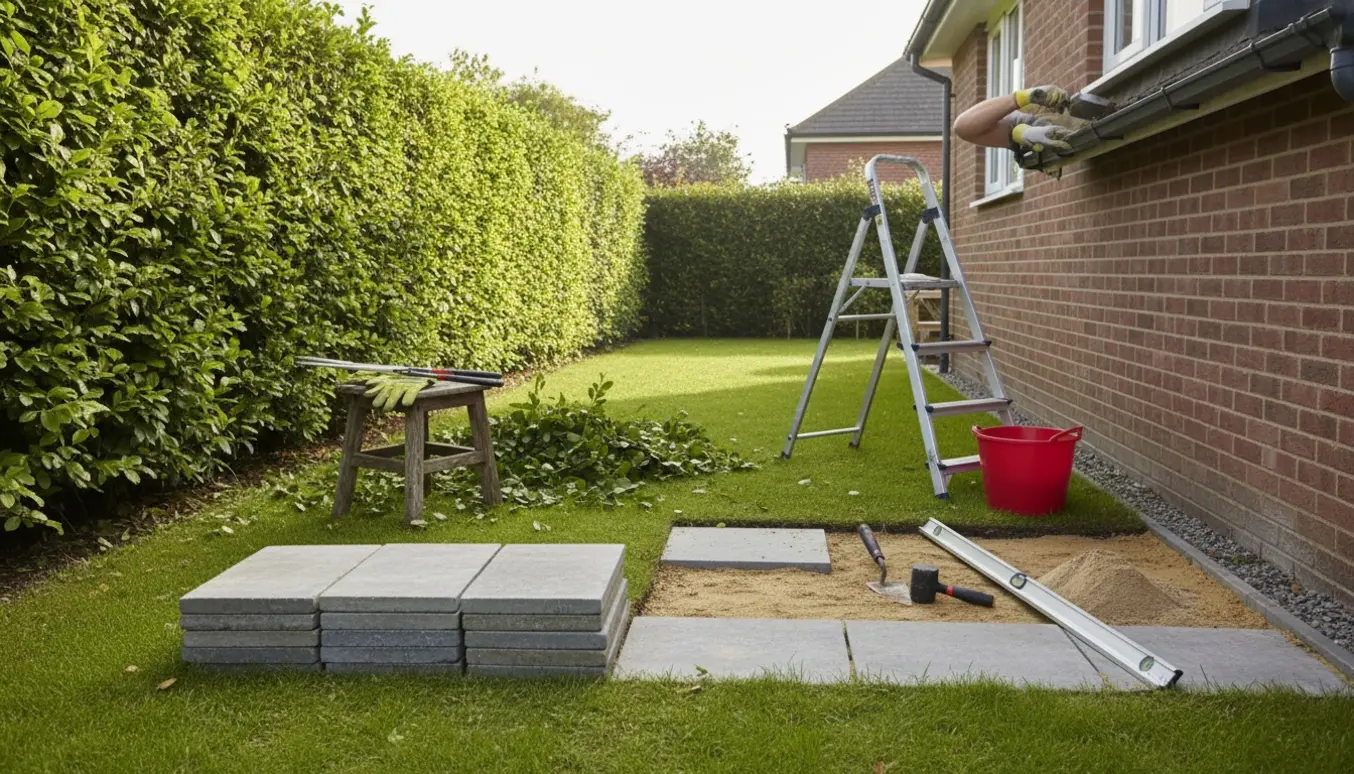 Lille have med bøgehæk under klipning, tagrende rengøres fra en stige, og ti fliser ligger klar til omlægning.