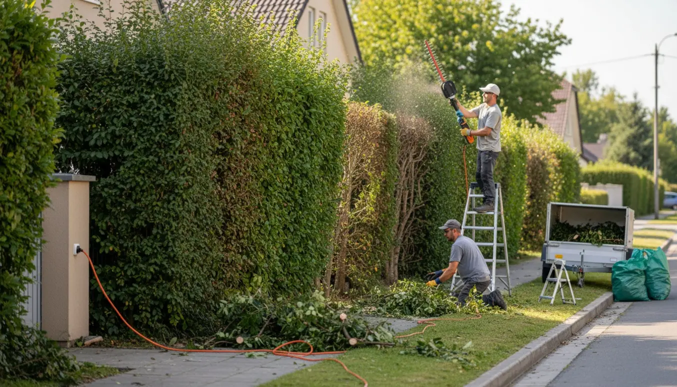 Lang række buske mod fortovet, hvor professionelle skærer kraftigt tilbage med elektrisk hækklipper og samler afklip i trailer.