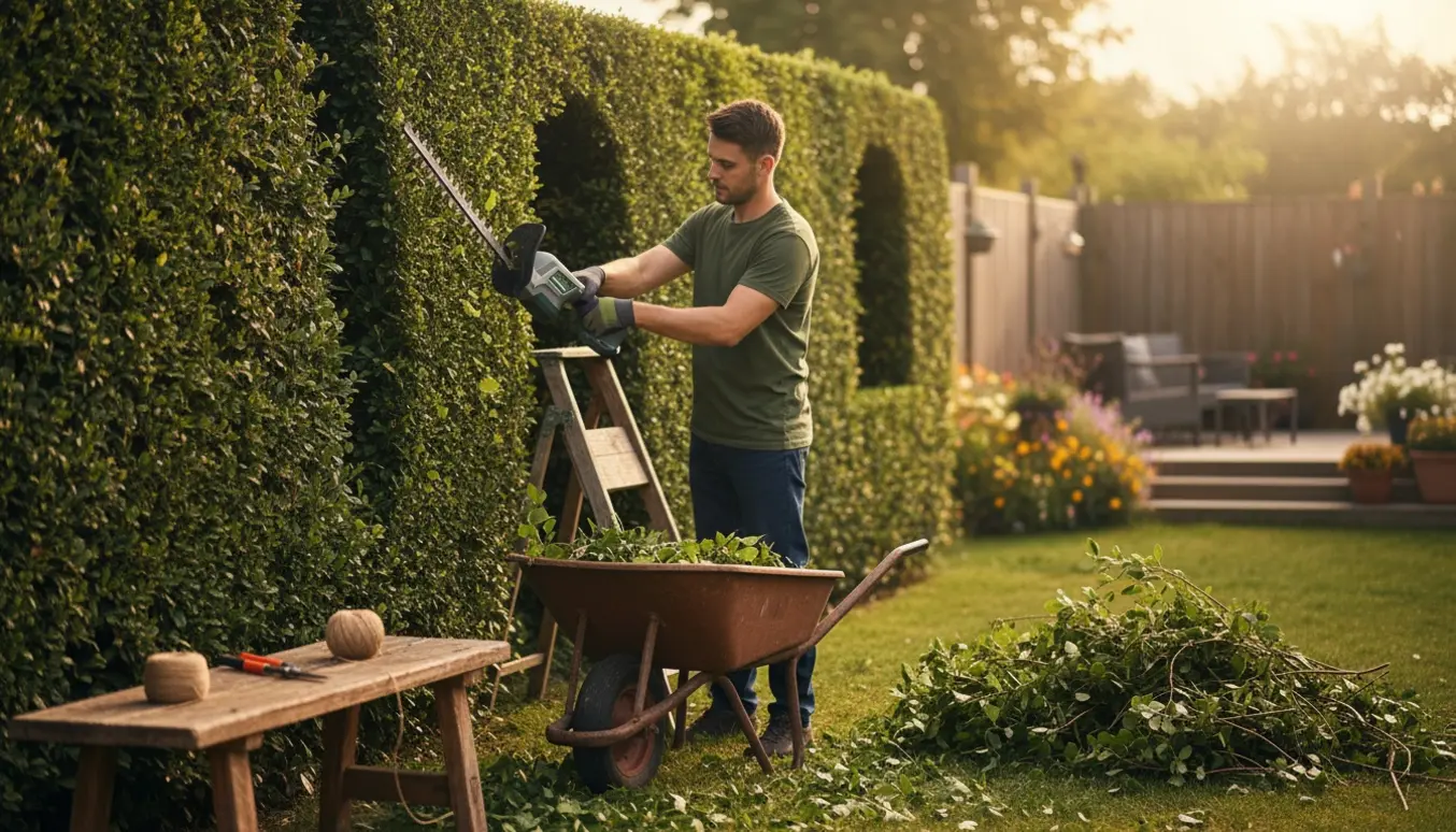 Nærbillede af hækkeklipning i en baghave med handsker, hækkeklipper, stige og en trillebør med afklip.