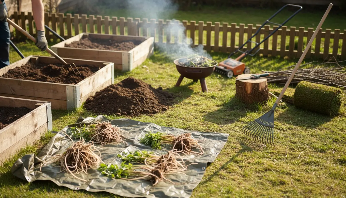 Fire højbede tømmes, skvalderkål samles og et blomme træ fjernes i en lille have.