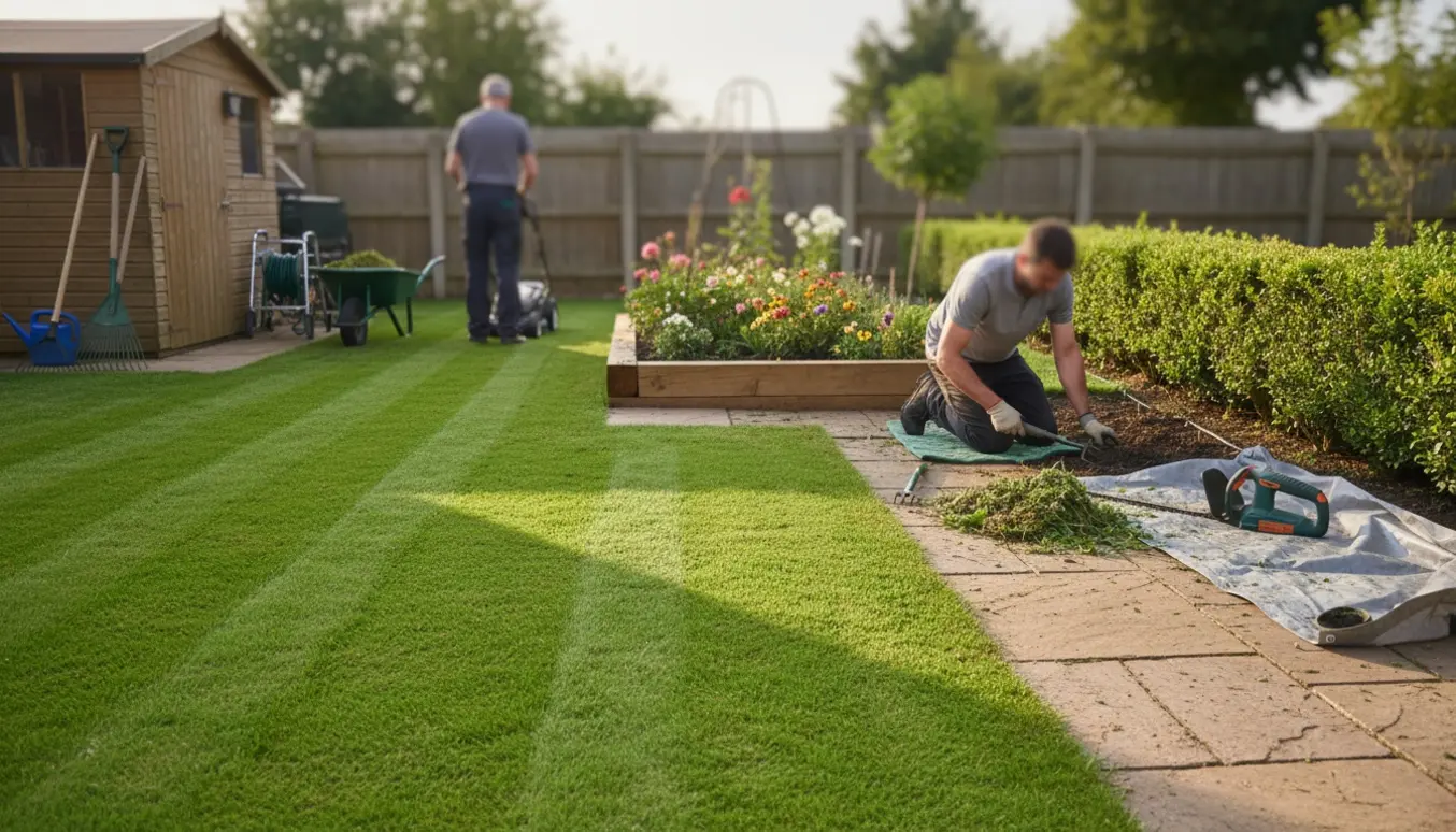 Have med nyslået græs, nyklippet hæk, hænder der luger bede og haveredskaber.