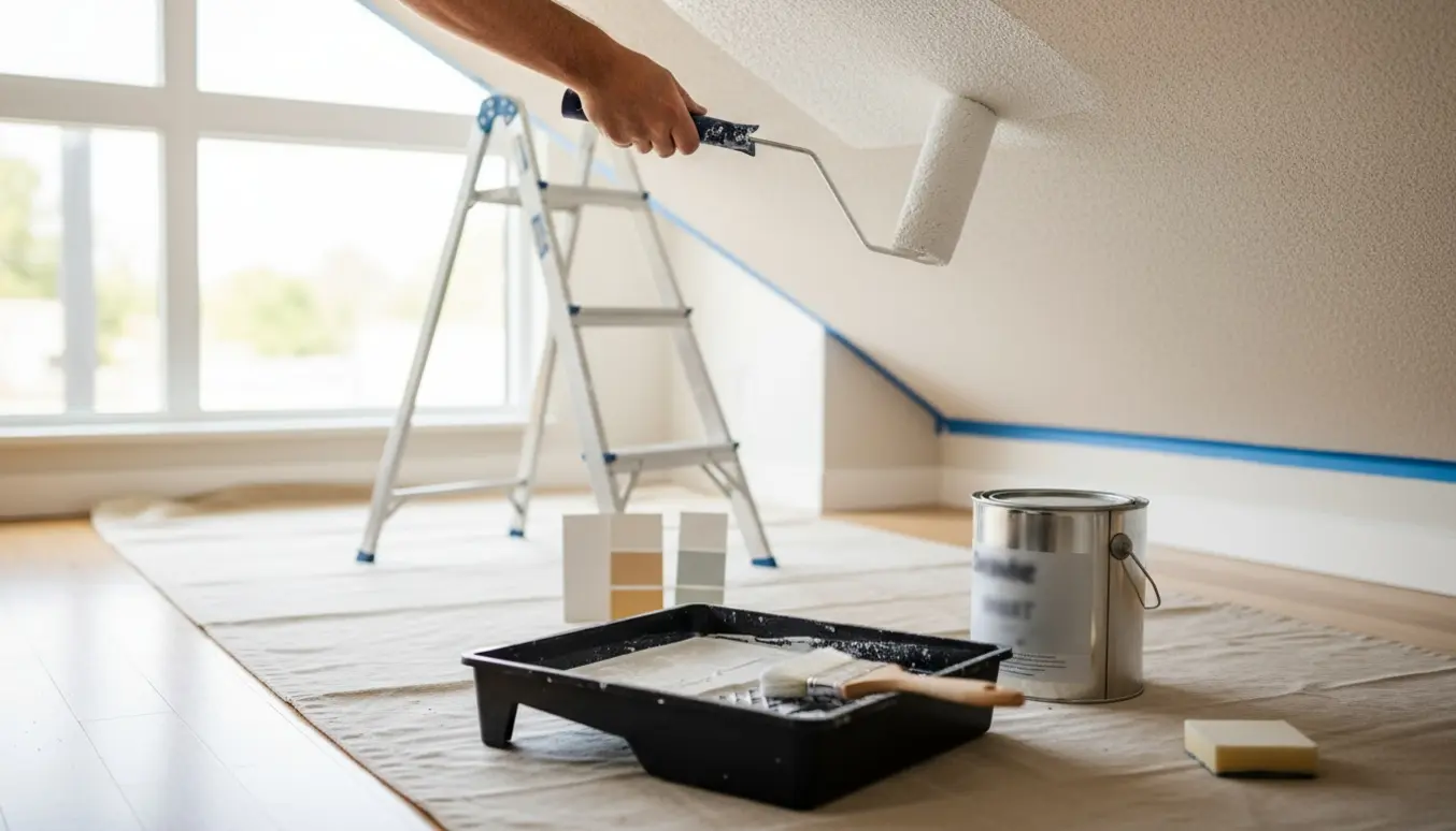 En maler maler et hvidt gipsloft med rulle, stige og farveprøver i et lyst rum.