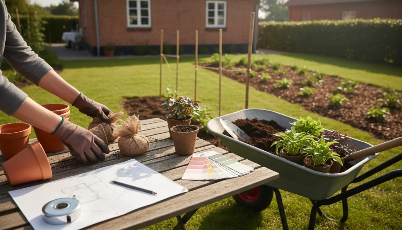 Haveplanlægning og plantning i en lille dansk have med redskaber, rodklumper og skitser på et træbord.