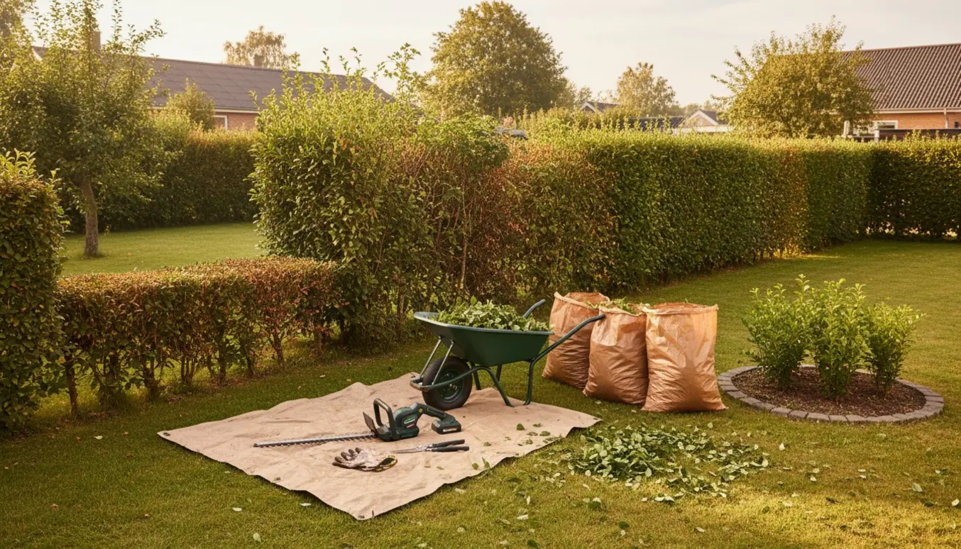 Lang hæk med sektioner i forskellige højder, en trillebør og poser fyldt med klippeaffald i en solrig forhave.