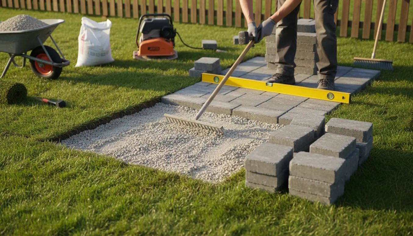 Udsnit af græs, der er fjernet, og grå herregårdsten, der lægges på grus i en baghave.
