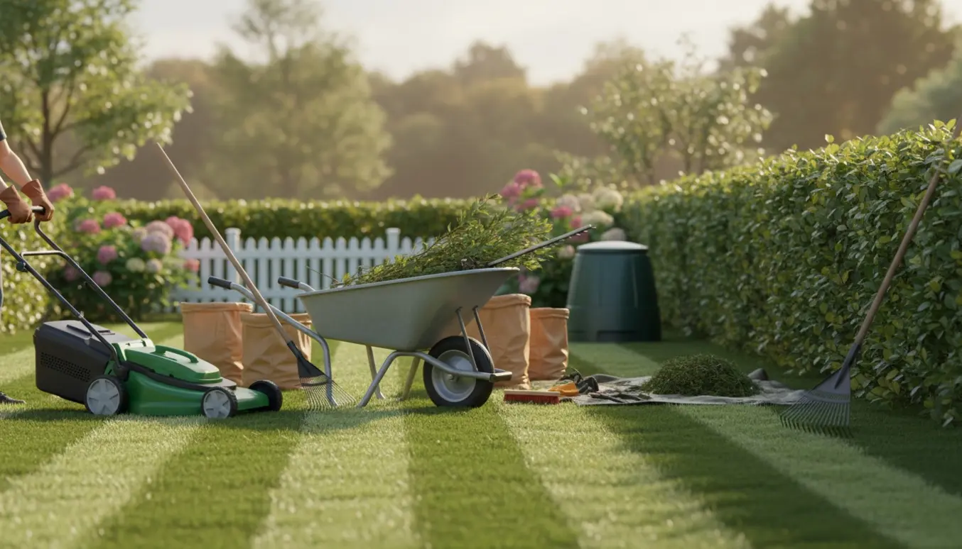 Havearbejde med slået græs, nyklippet hæk, trillebør og haveredskaber i en ryddet villahave.