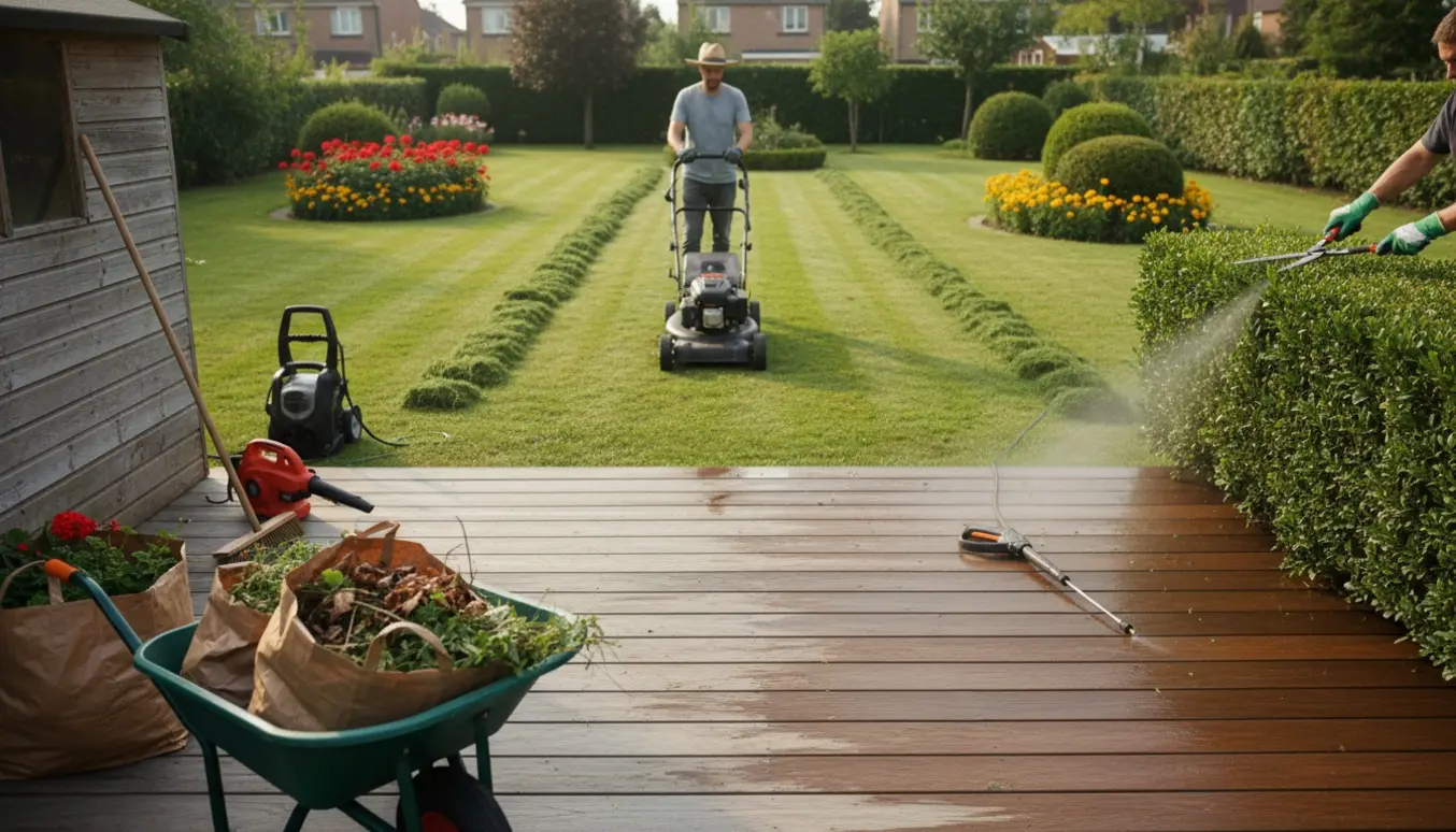 Havemand klipper højt græs og trimmer hæk omkring en komposittræterrasse med haveaffald samlet i en trillebør.