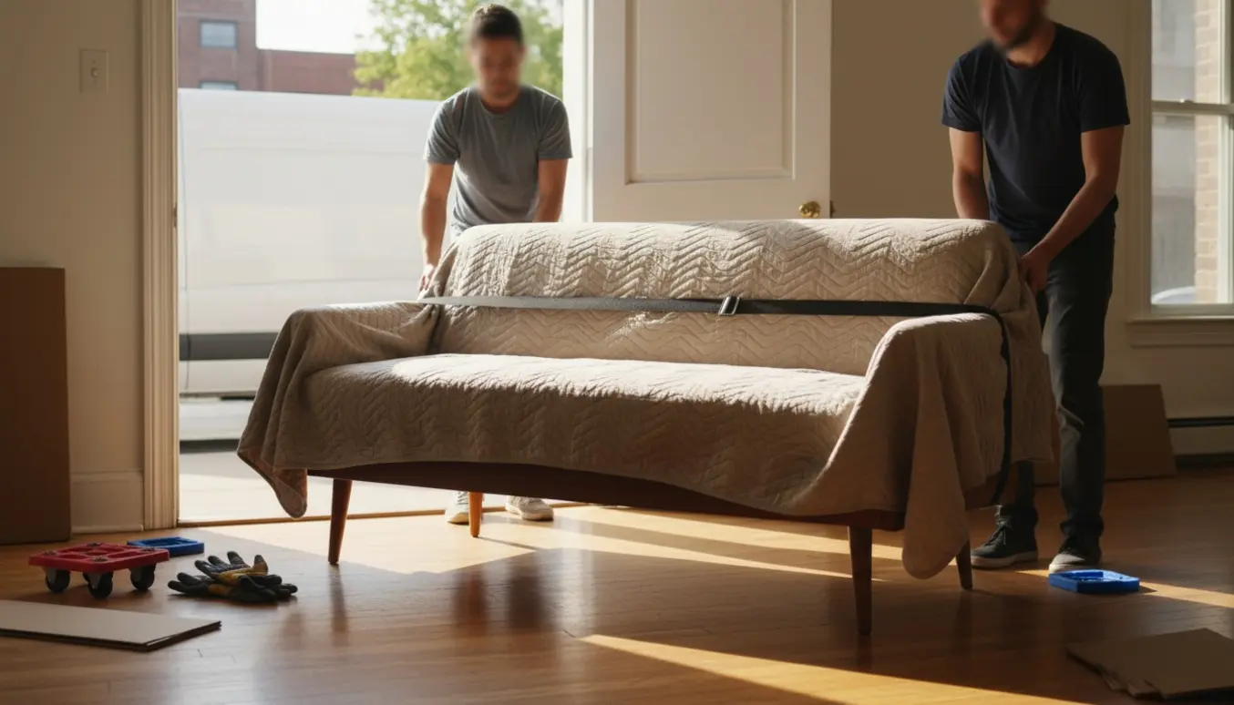 To personer bærer en enkelt sofa ind gennem en åben dør, beskyttet af flyttetæpper.