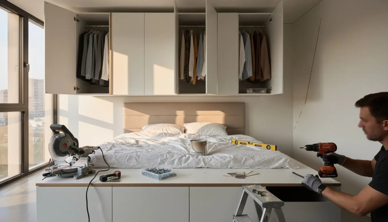 PAX-garderobe monteres over seng med lister og værktøj, hænder på stige uden synlige ansigter.