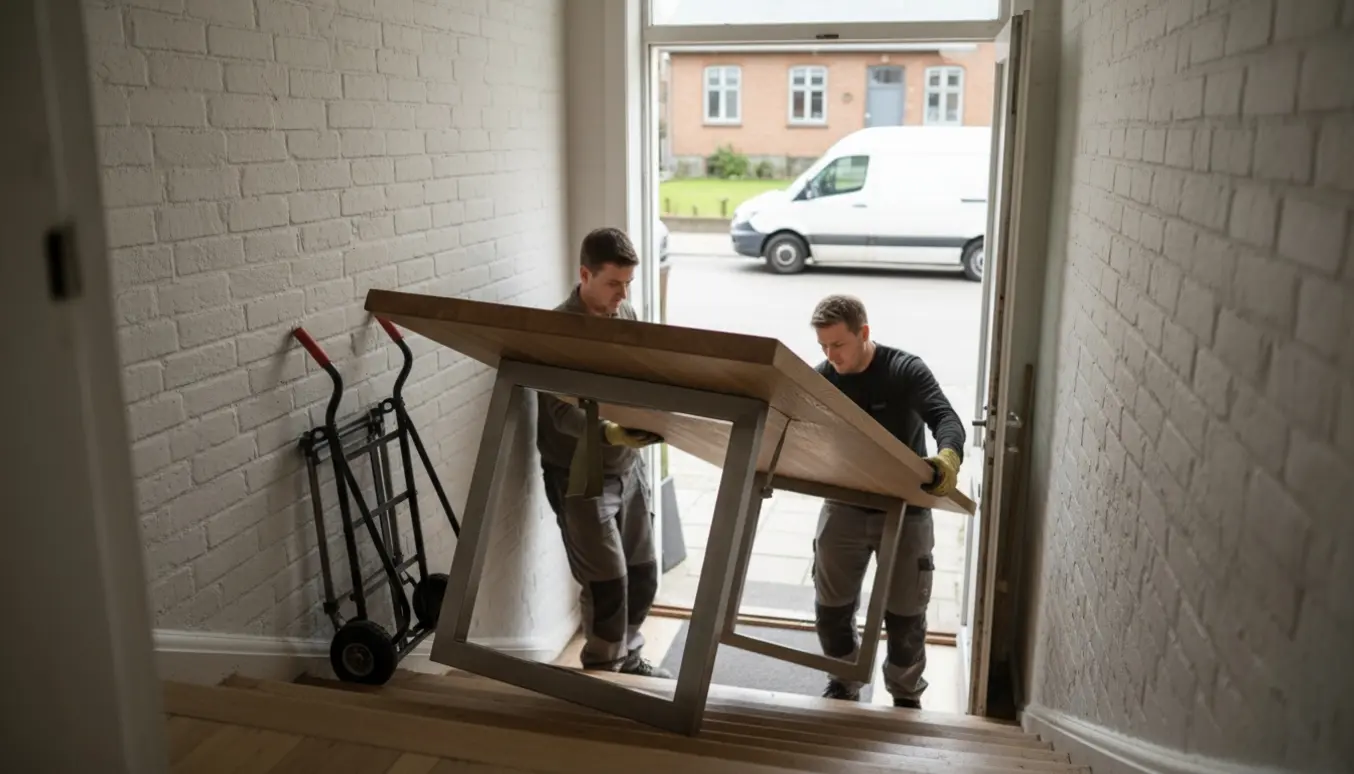 To flyttemænd bærer et tungt egetræs spisebord ned ad en opgang mod en varevogn, ansigter ikke synlige.