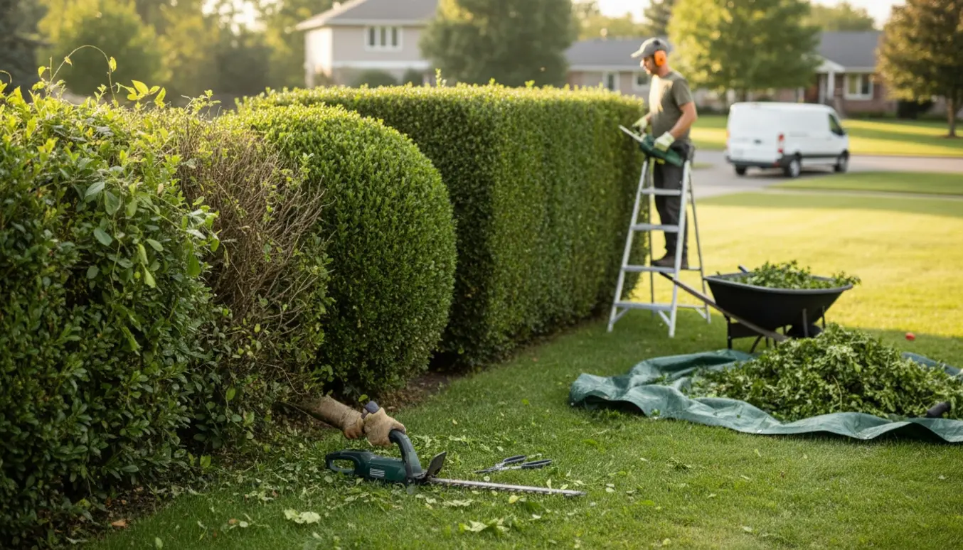 Person klipper en lang hæk og en stor buksbom med en trillebør fyldt med afklip klar til bortkørsel.
