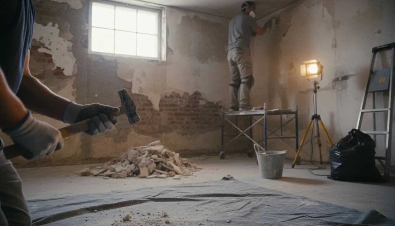 En håndværker fjerner gammel puds fra kældervægge og loft i et oplyst kældermiljø med bunker af puds og værktøj.