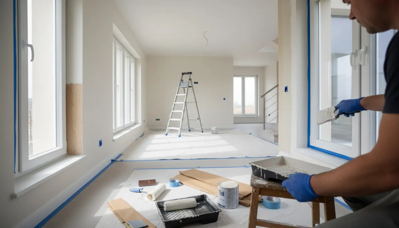 Indvendig villa under maling med malerudstyr, nymalede vægge og træværk.