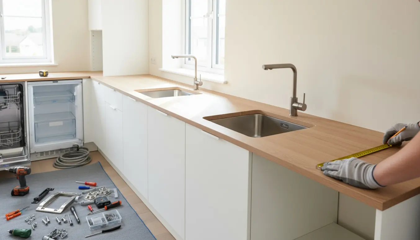 Måling af bordplade over samlede Ikea-køkkenskabe med vaske og hvidevarer klar til installation.