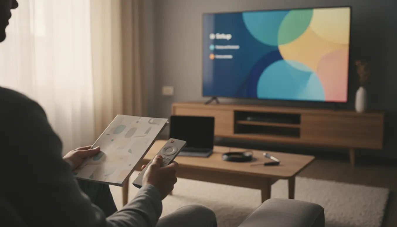 En hånd holder en fjernbetjening mod et TV's opsætningsskærm med en manual på bordet.