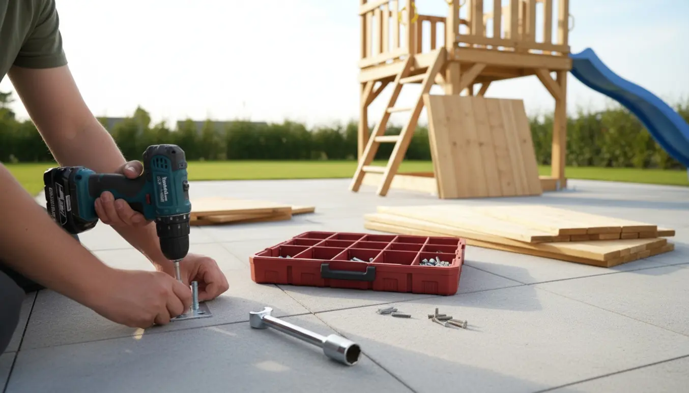 Delvist samlet træ-legetårn monteres på fliser med værktøj og beslag.