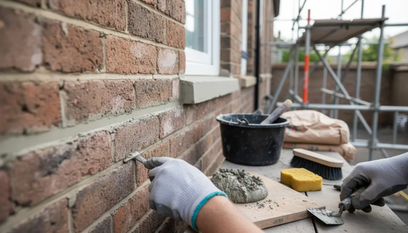 Nærbillede af handske, der fugebearbejder en rækkehushjørne med ny og gammel fuge synlig.