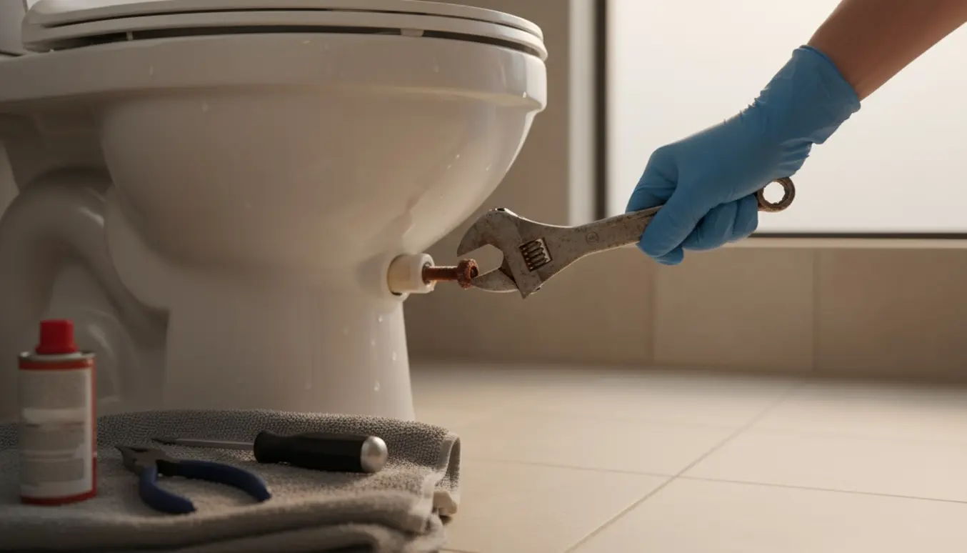 Handskerede hænder løsner møtrikker under et toiletbræt med en skiftenøgle.
