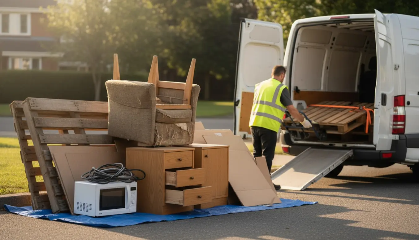 En bunke husholdningsaffald på indkørslen med paller, møbler og en mikroovn klar til afhentning.